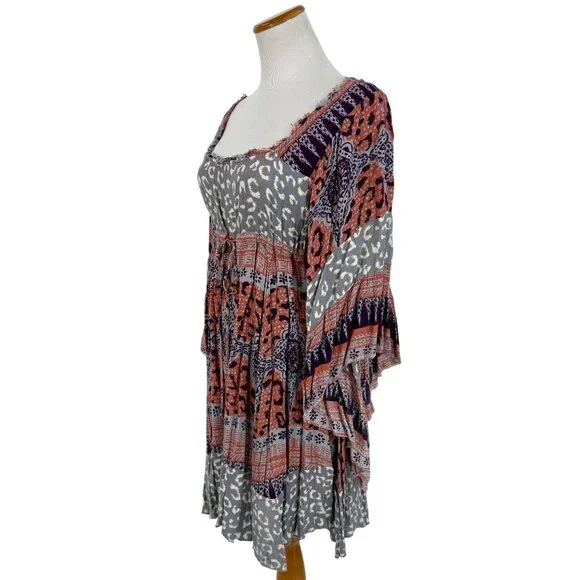 Free People Boho Flowy Printed Bell Sleeve Crisscross Back Hippie Mini Dress - Picture 8 of 14